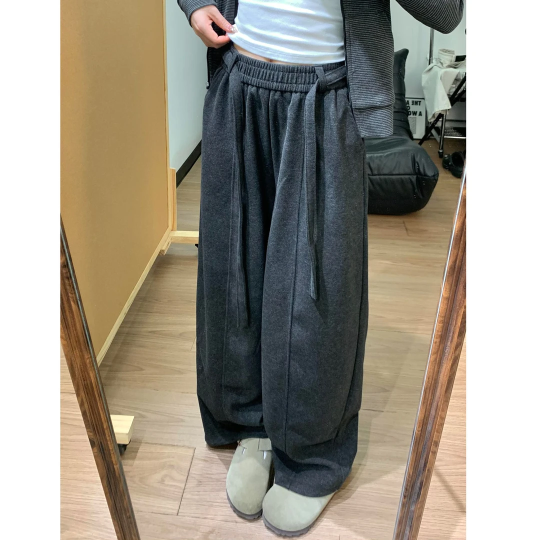 秋冬加绒加厚弯刀阔腿卫裤女胖妹妹大码梨形身材高腰休闲直筒裤子