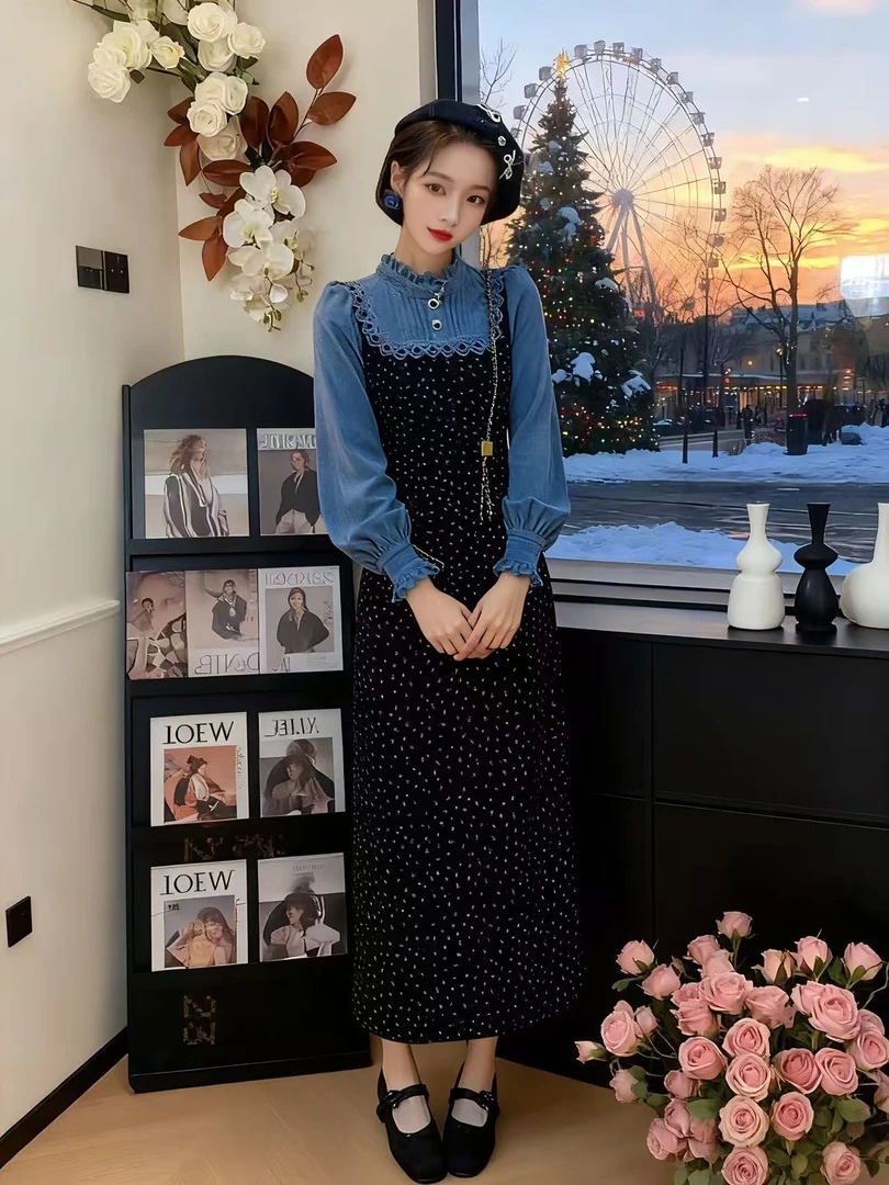 【运补6】676-4#法式温柔收腰显瘦假两件拼接长袖碎花连衣裙女