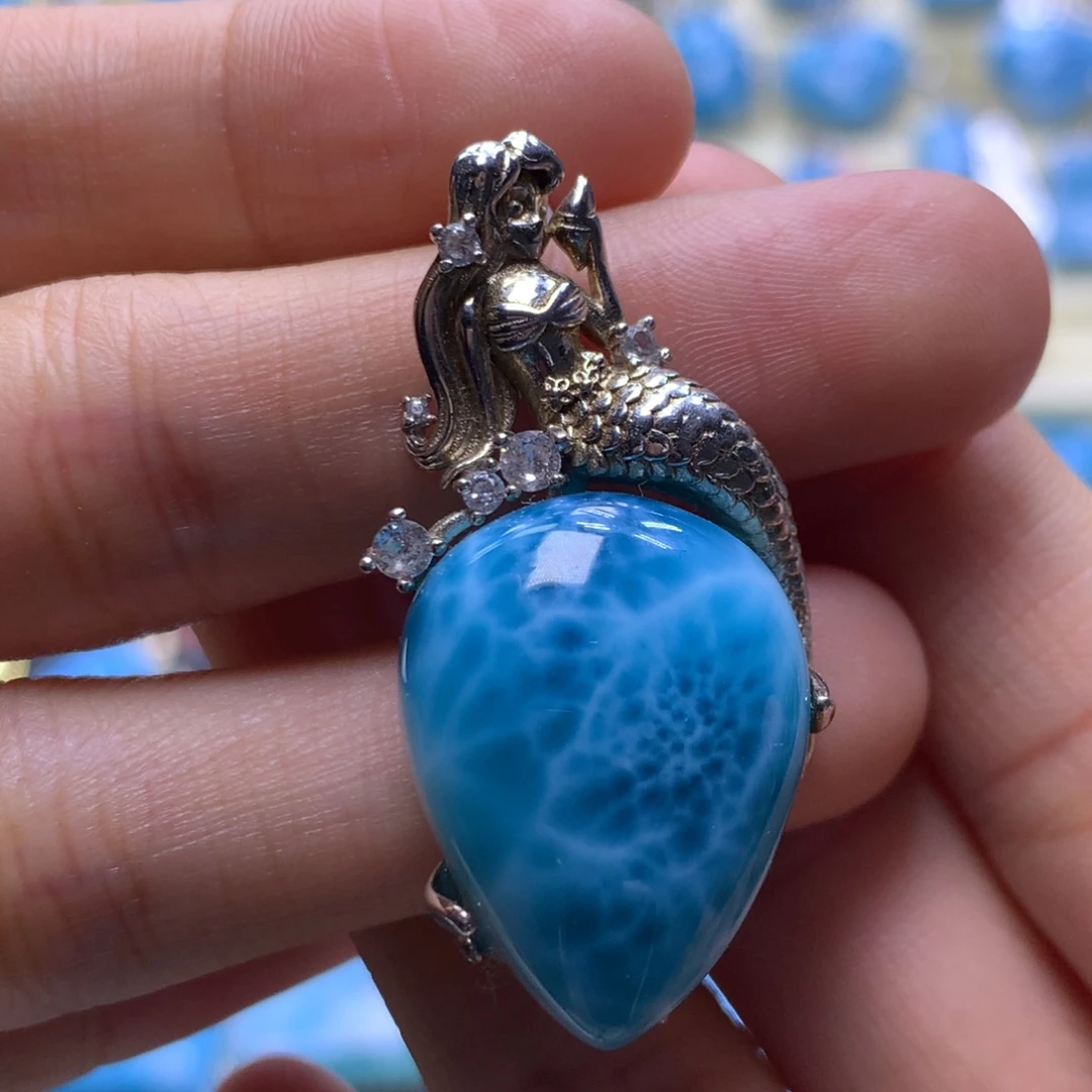 针钠钙石（海纹石）银S925镶嵌吊坠(不含链)美人鱼吊坠色差略异