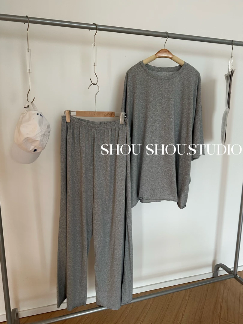 【瘦瘦】遛弯套装-大码夏季大版宽松短袖+松紧腰直筒长裤套装S01719