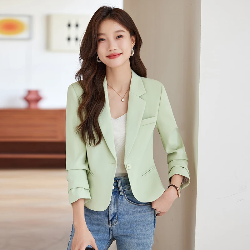 小个子短款春秋休闲百搭西装绿色女款韩版秋季新款气质小西装外套