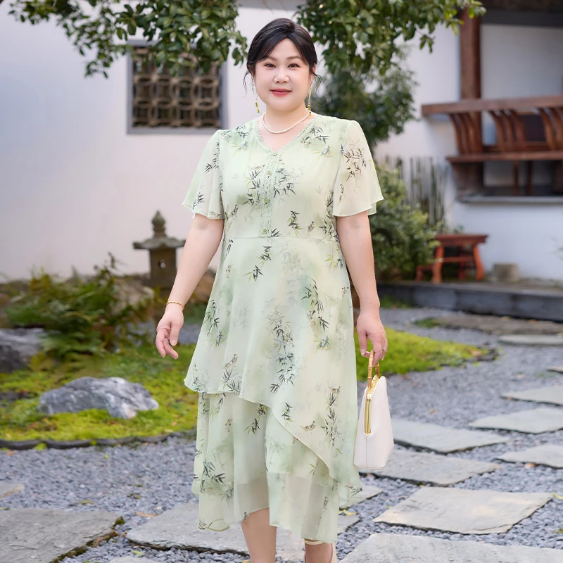 菲姐胖妈妈中老年女装高档雪纺连衣裙夏装妈妈装短袖优雅气质长裙