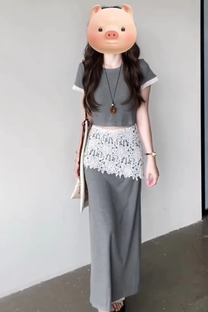 2025新款夏韩系修身气质小个子独特设计感短袖蕾丝拼接半身裙套装