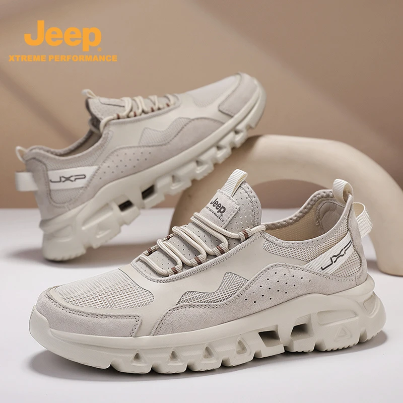 Jeep休闲运动鞋男2025夏季新款透气网面登山鞋厚底增高越野跑步鞋