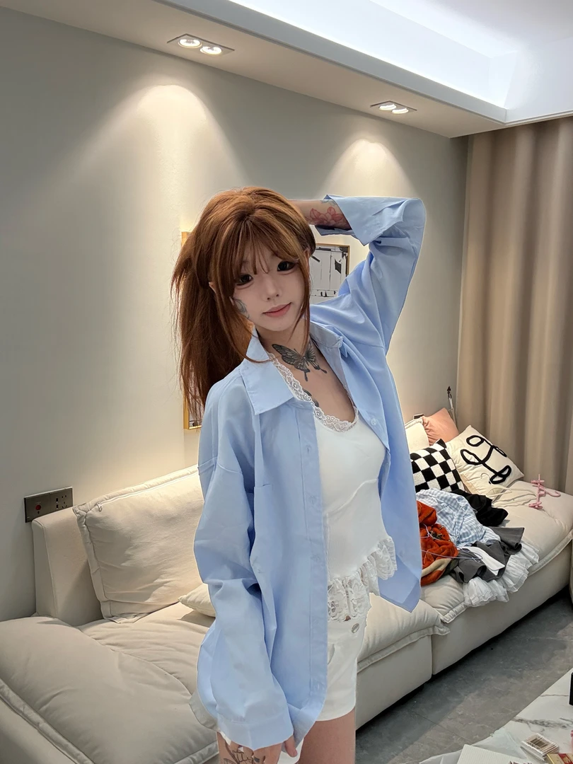 休闲纯色百搭宽松衬衫上衣外穿春秋夏季适用