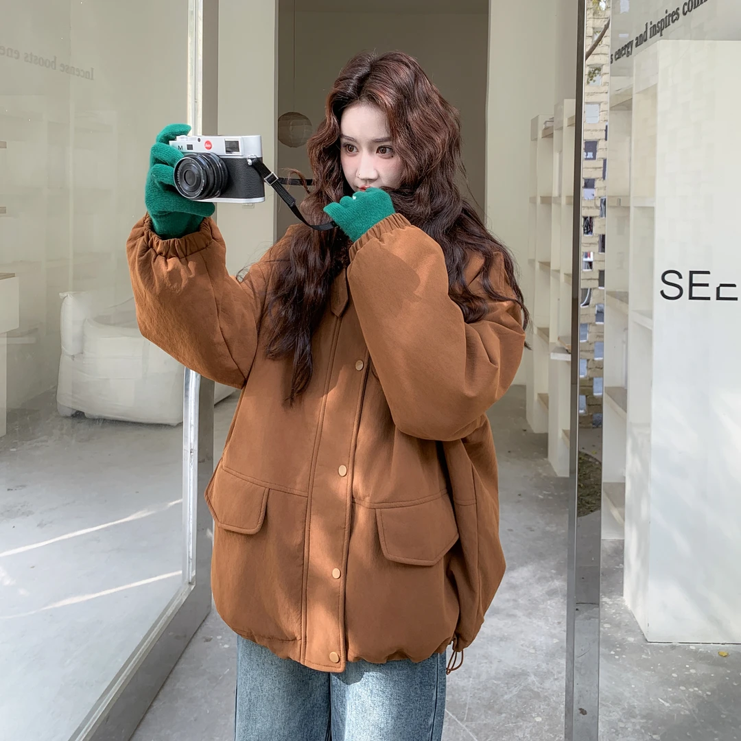 羊羔毛拼接工装棉服外套女2025冬季新款超好看韩系美拉德加厚外套