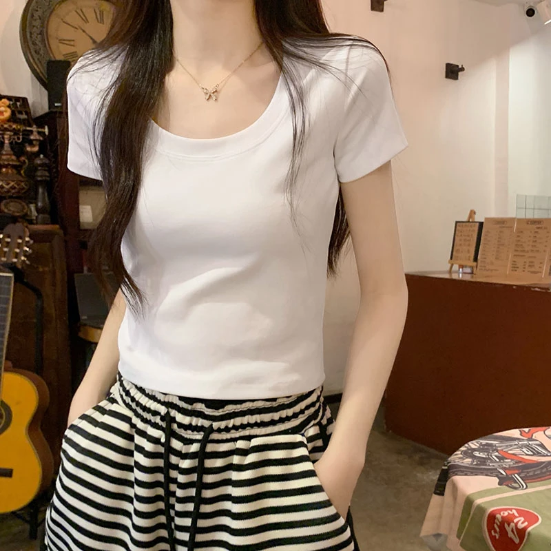 圆领正肩短袖t恤夏季新款白色紧身纯欲风辣妹高腰短款显瘦ins上衣