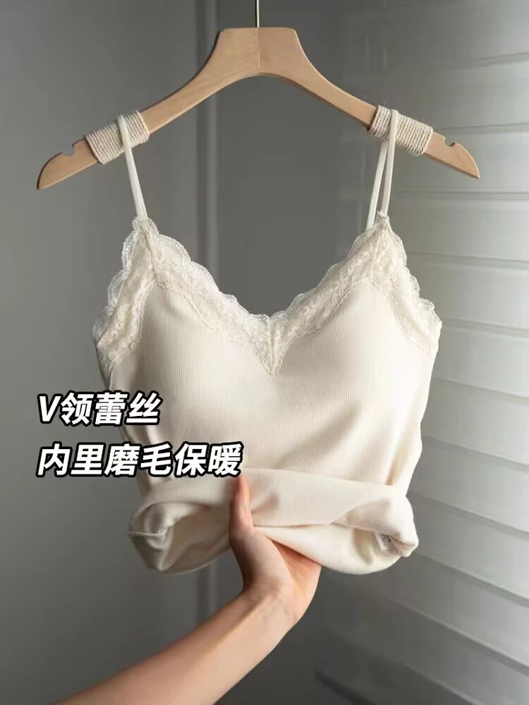 韩版白色蕾丝花边v领保暖吊带背心女秋冬加绒内搭带胸垫修身上衣