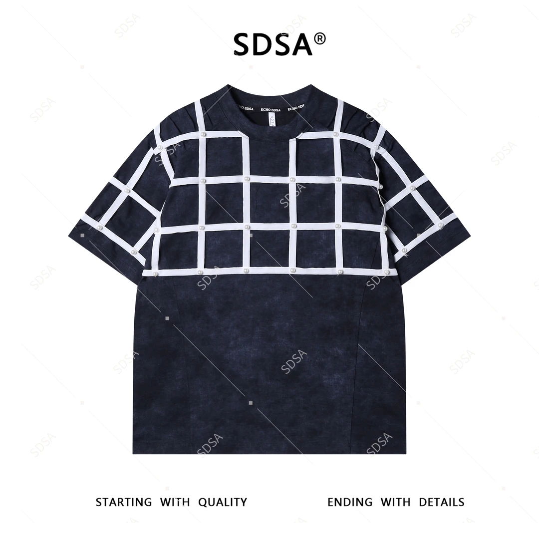 SDSA夏季高级感新款男士韩版小众设计珠子网格短袖T恤时尚上衣潮