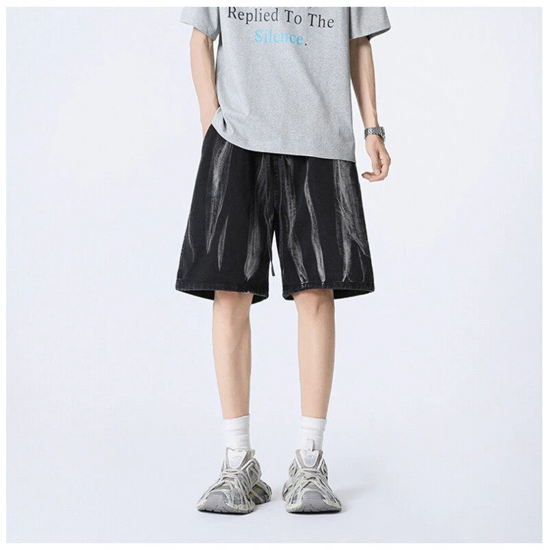 夏季水洗做旧重磅牛仔裤美式复古五分短裤微弹抽绳裤子男宽松版女