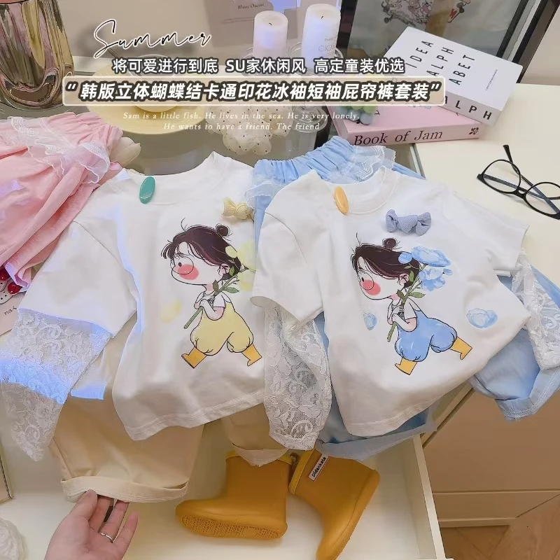 【亲子装】夏季女童短袖套装2025新款洋气儿童立体蝴蝶结短袖两件套