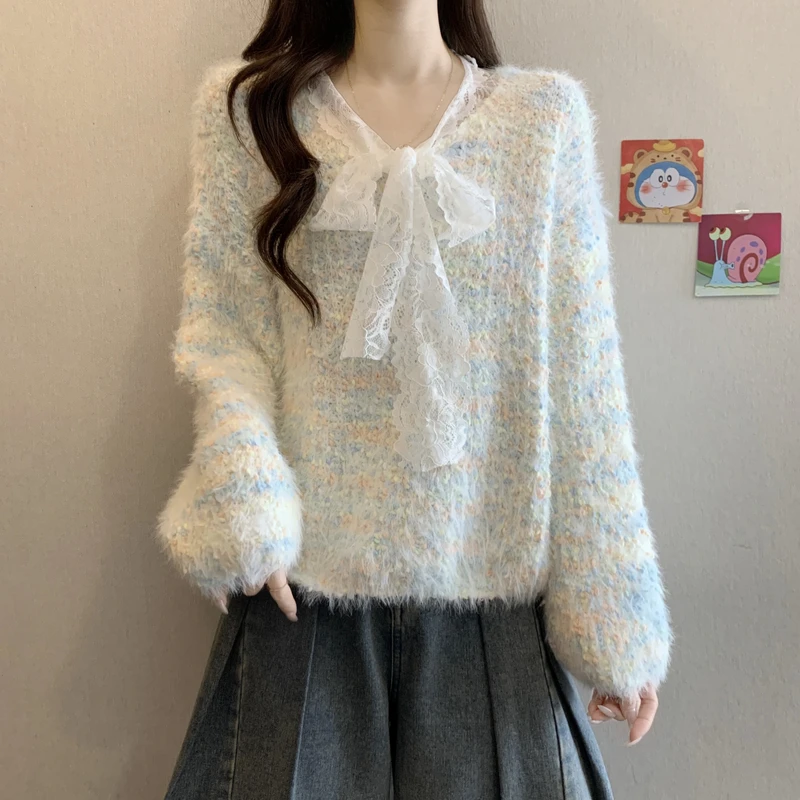 仿貂绒拼接蕾丝领加厚软糯毛衣女秋冬设计感宽松慵懒风韩系针织衫