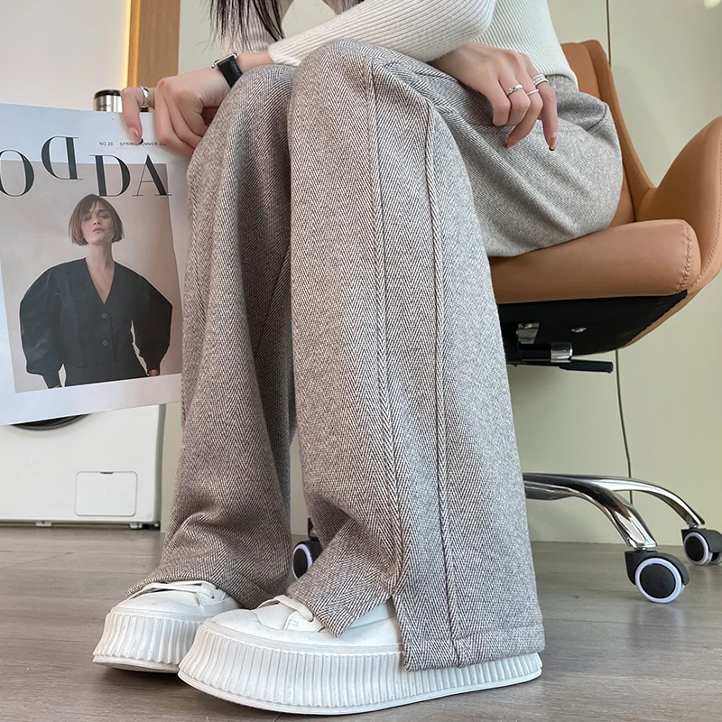 2025新款人字纹毛呢开叉香蕉阔腿裤女秋冬季九分大码直筒休闲裤女