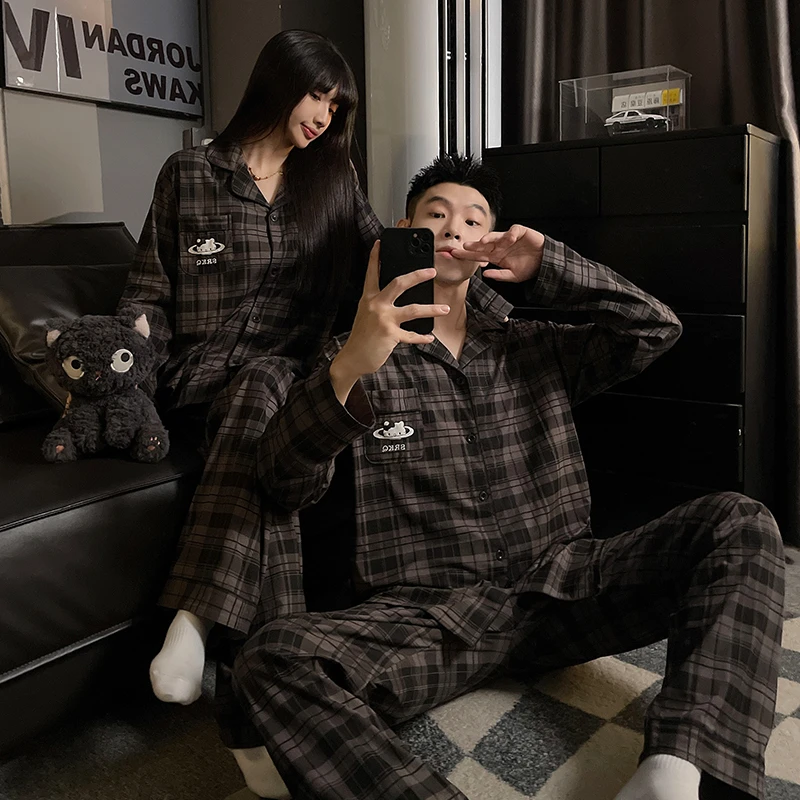 春秋季情侣睡衣女纯棉长袖高级感休闲男士大码家居服套装2025新款