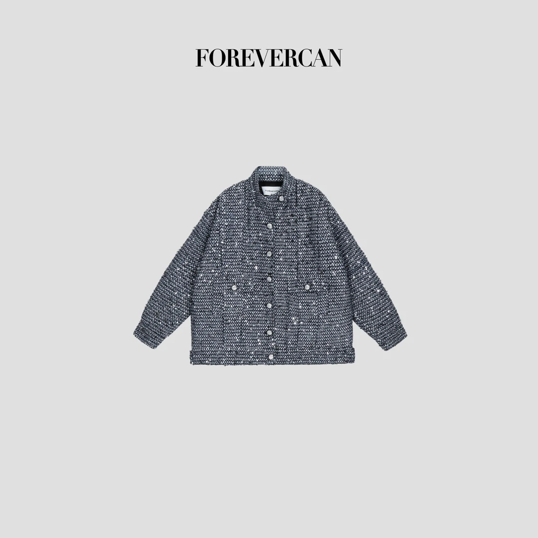 FOREVERCAN“银新纳福”客订美丽诺羊毛花朵亮片粗花呢外套SC22705