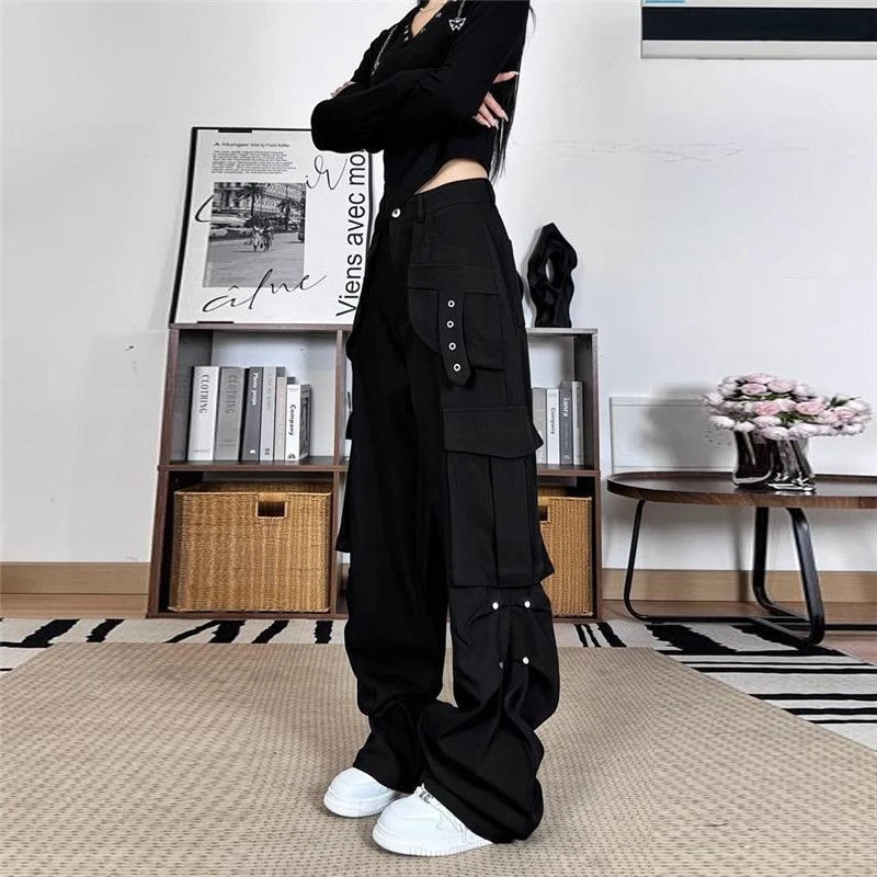 美式黑色工装裤女夏季高腰运动裤直筒裤拖地休闲裤阔腿裤长裤子潮