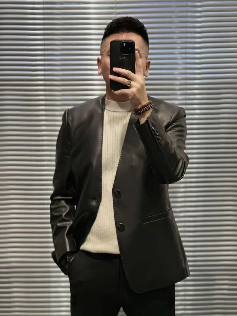 2508欧货春夏款高端男士轻奢时尚无领百搭皮西服