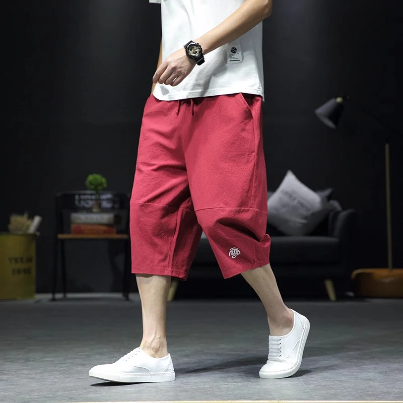 中国风红色短裤男棉麻休闲灯笼七分裤夏季新款大码宽松哈伦萝卜裤