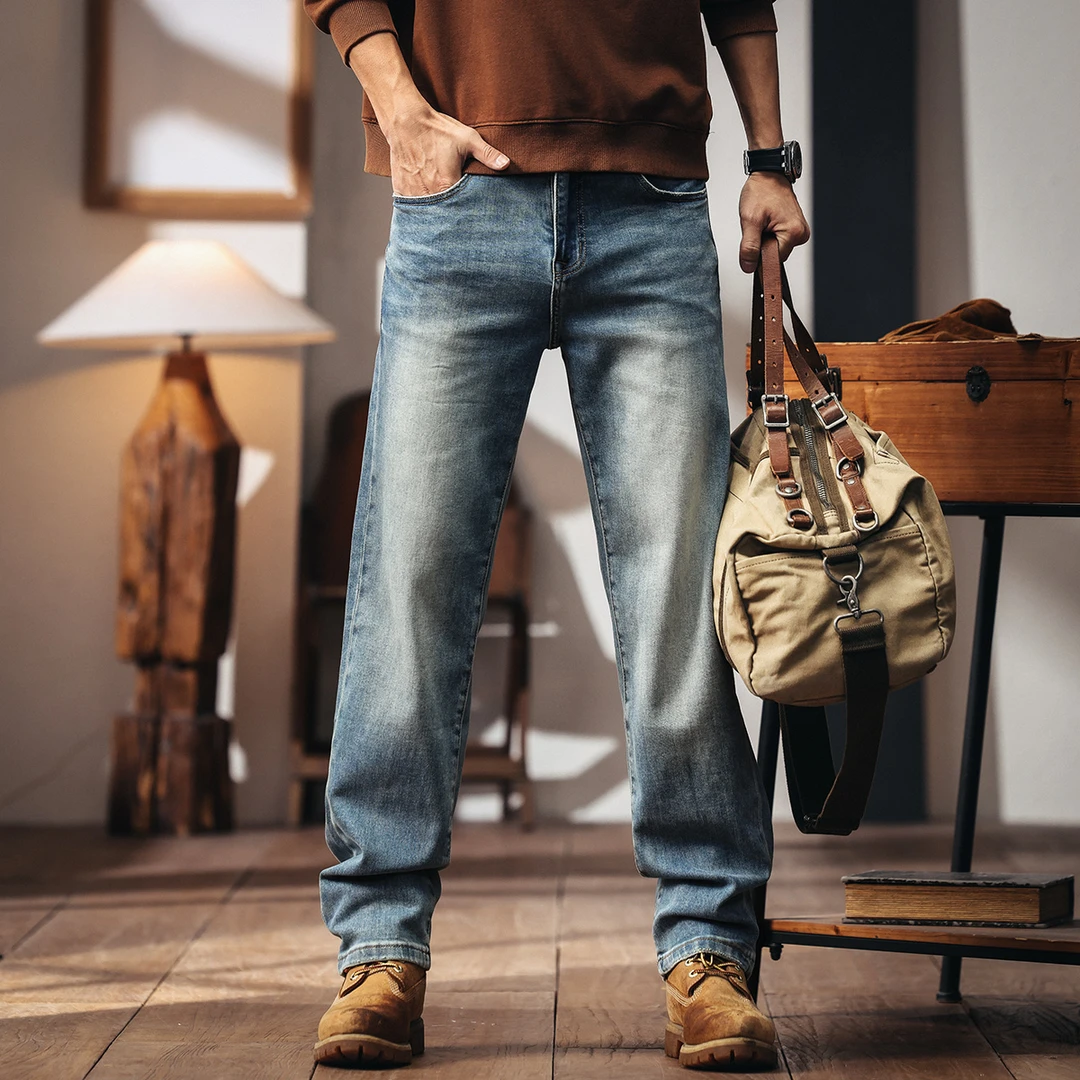 格蓝鹿高端潮牌磨白蓝色牛仔裤男春夏潮牌复古直筒水洗休闲长裤男