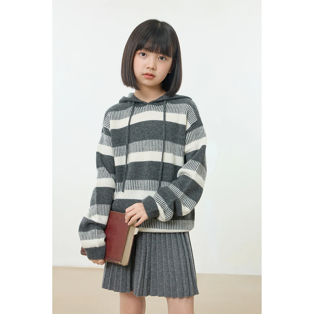 男女童亲子法式条纹长袖连帽山羊绒针织衫T25068