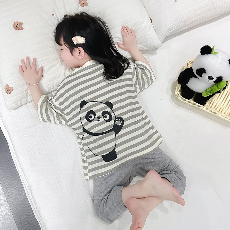 熊猫儿童睡衣夏季莫代尔女孩薄款条纹空调服女宝宝套装女童家居服