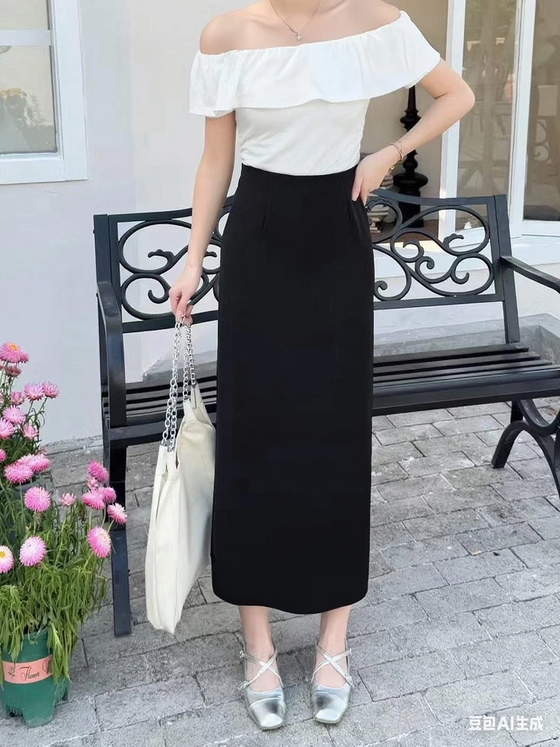 2025夏季新款后开衩高腰直筒裙0302款