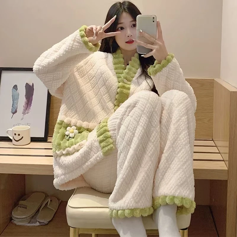 504#珊瑚绒睡衣女冬季加绒加厚家居服套装