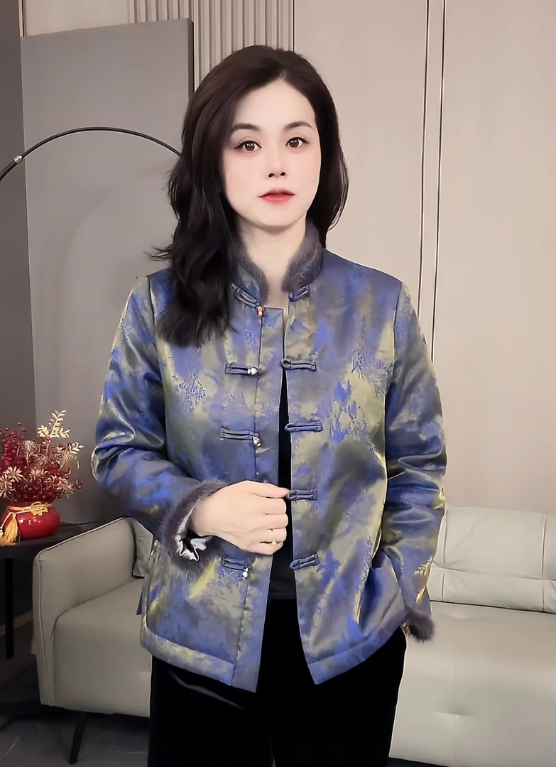 新中式水貂毛浮光锦加棉保暖棉服外套