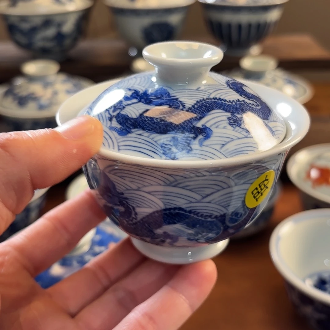 景德镇纯手工手绘龙纹盖碗