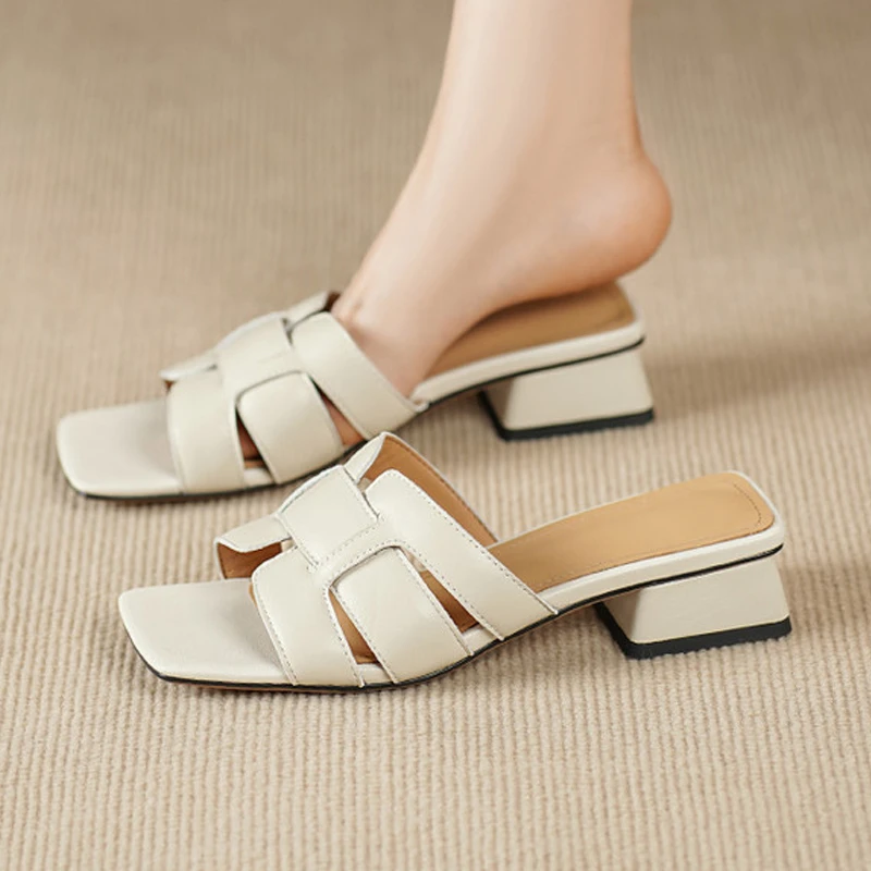 真皮半拖中跟粗跟露趾一字拖鞋轻奢小众鞋子编织外穿拖鞋女鞋外穿