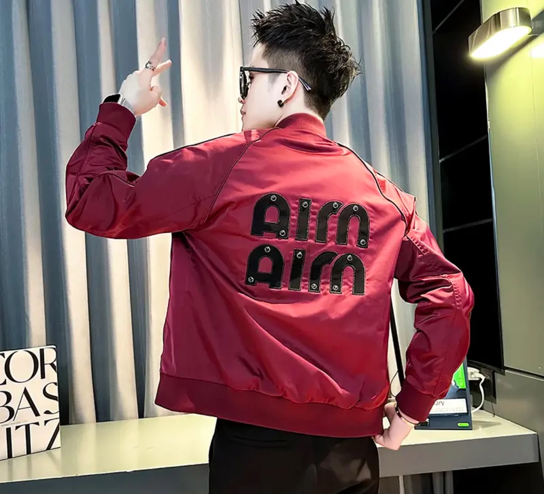 安哥拉红色夹克男款潮牌痞帅短款棒球领男装春秋季百搭修身外套男