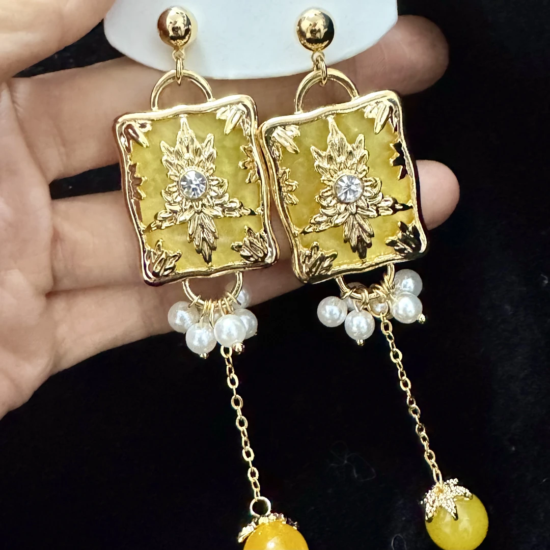 黄铜锆石耳饰 B0401黄色珠珠长款耳环