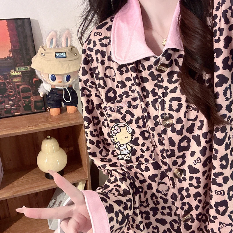 德绒粉棕豹纹kitty睡衣女秋冬季长袖长裤韩版甜美保暖家居服套装