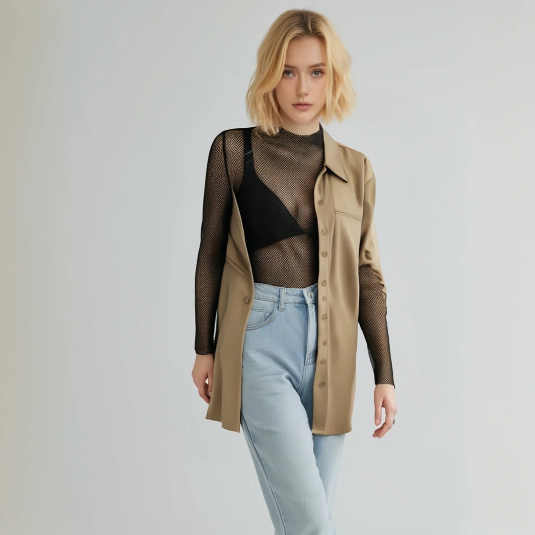 欧美夏新品长袖网眼镂空T恤内搭长袖修身显瘦黑色网洞镂空上衣