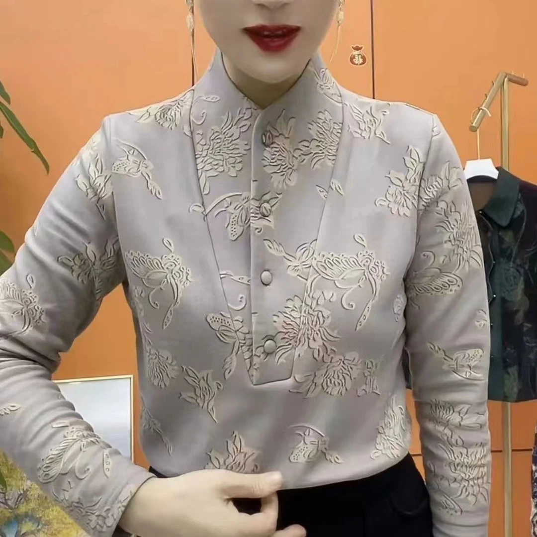冬季高领加厚保暖秋季女印花蕾丝长袖打底法式绒衫