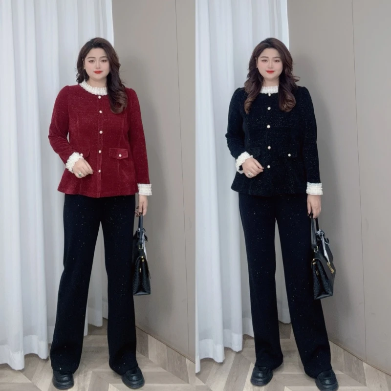 PWD32632 (现货上衣）法式小香风撞色木耳领长袖大码女装【衣长69】