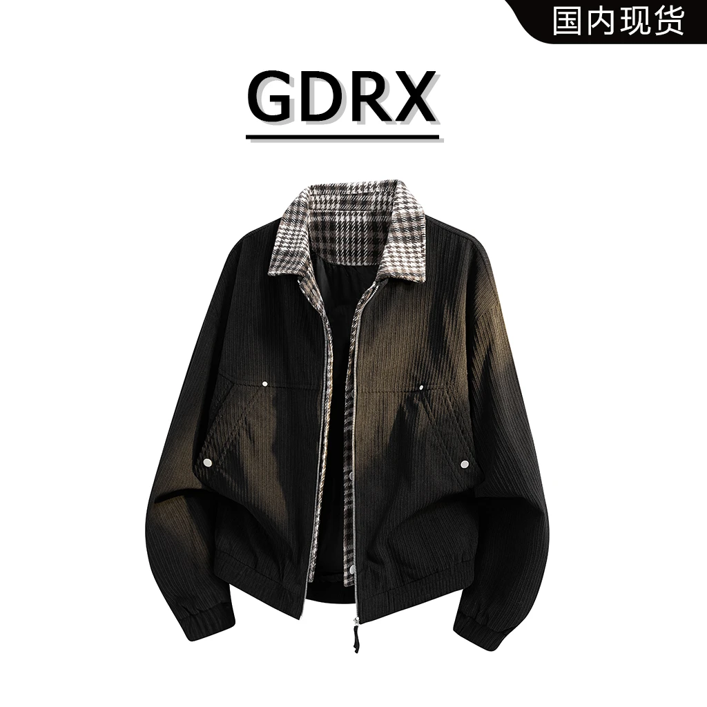GDRX复古翻领夹克男款秋季新款格纹撞色时尚休闲外套轻奢痞帅男装