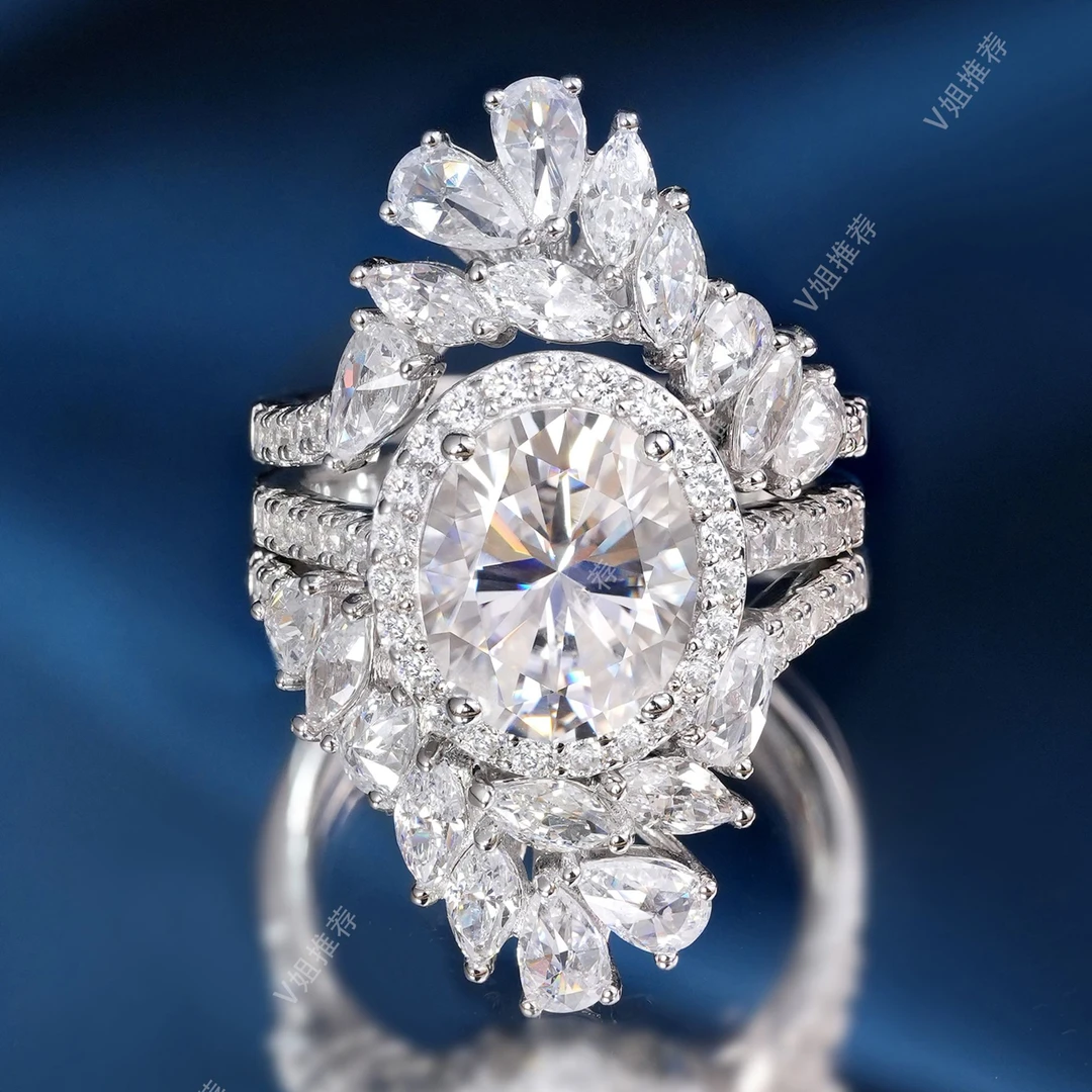 925银莫桑石戒指 【V姐推荐】5克拉莫桑钻戒指椭圆形鸽子蛋两戴款