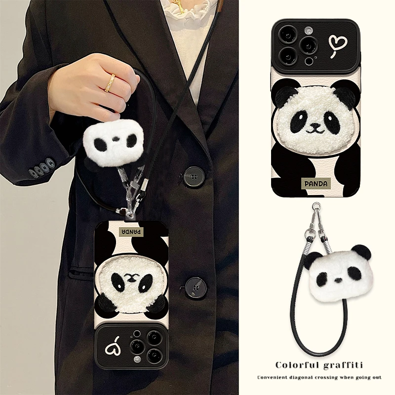 熊猫公仔适用苹果17华为VIVO/OPPO小米iPhone视窗贴皮斜跨手机壳
