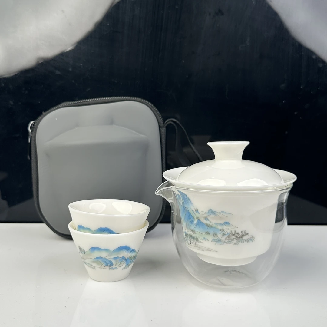 白瓷 山水【千里江山】玻璃公道+2杯-深灰包 C0607