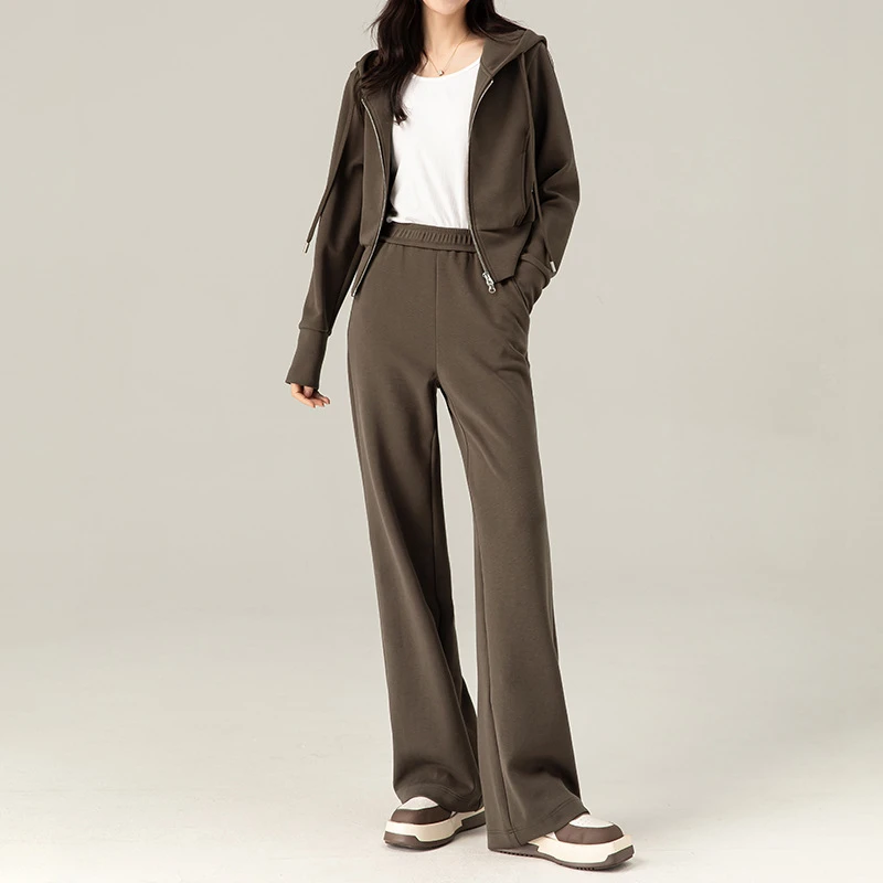 秋季新款修身显瘦运动风连帽上衣阔腿裤时尚套装女法式裤子针织