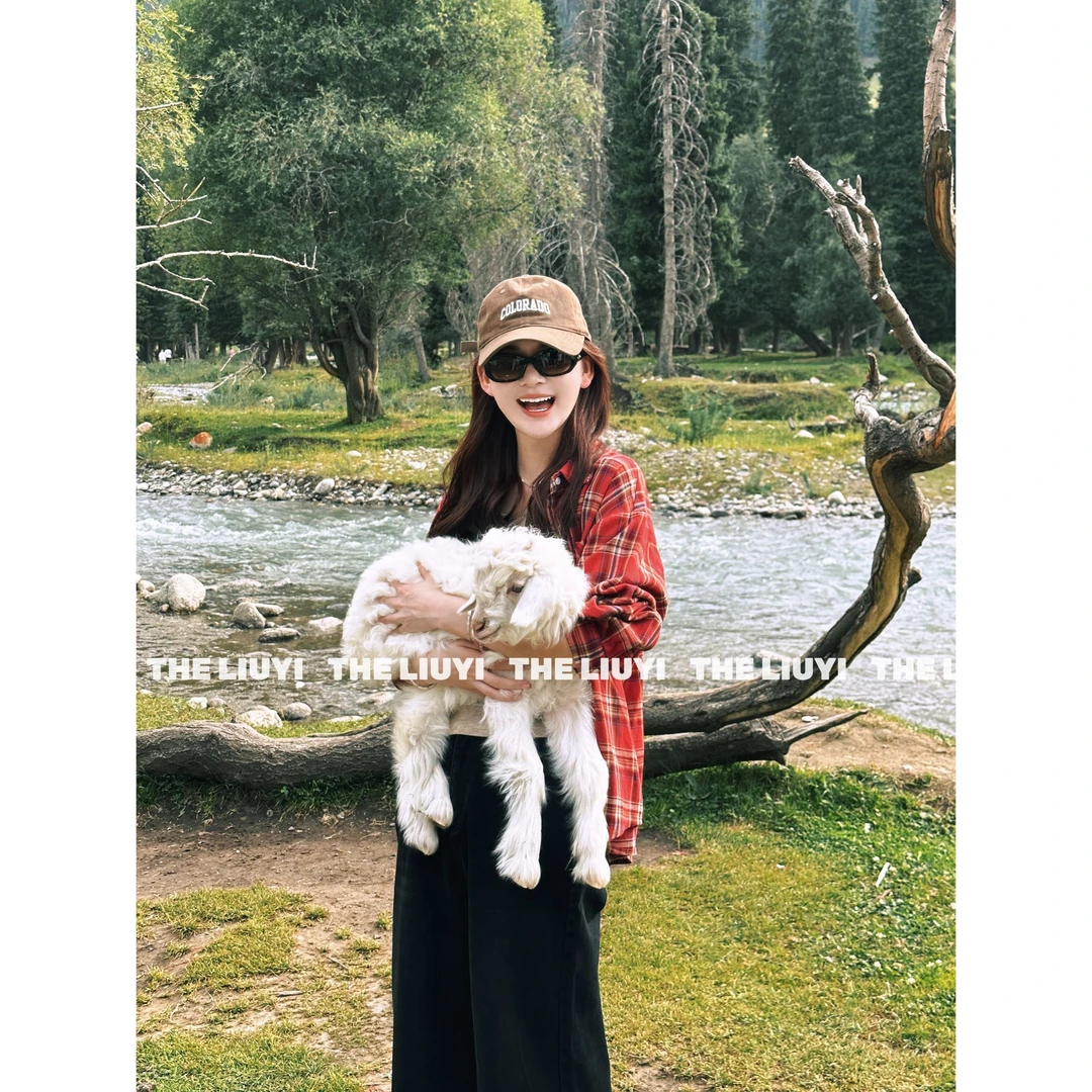 【LIUYI】红格纹长袖复古宽松衬衫外套57283