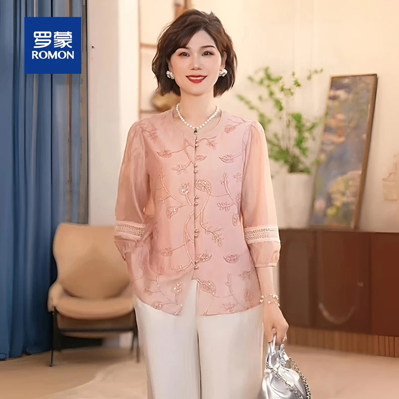 罗蒙中年妈妈夏季套装女2025新款洋气上衣服衬衫中老年女装两件套