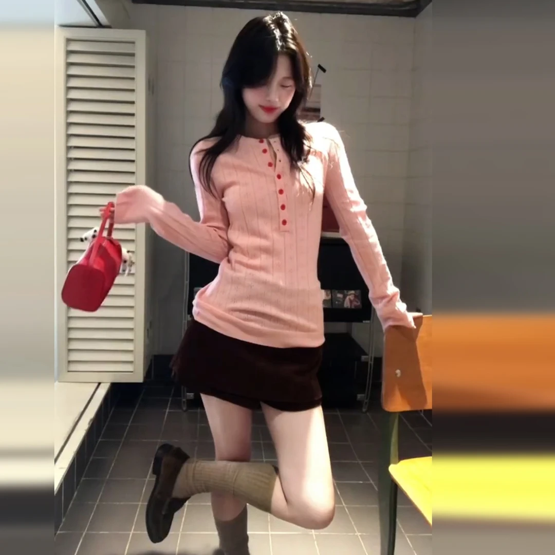 粉色v领长袖针织衫上衣女秋冬甜辣风修身显瘦打底内搭巨好看毛衣