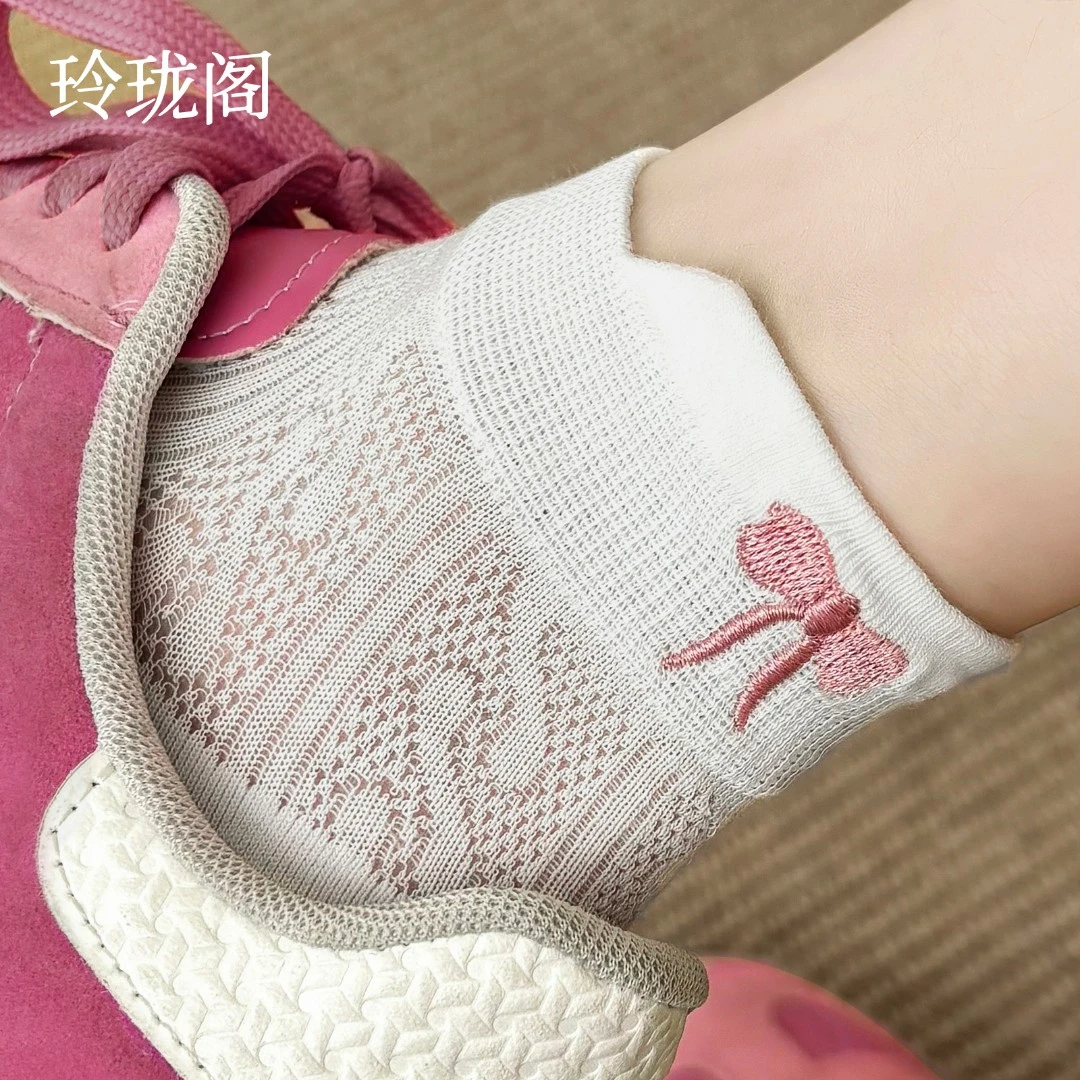 蝴蝶结袜子女夏季薄款白色中筒袜短袜棉袜短筒袜夏天镂空网眼透气