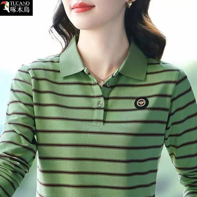 啄木鸟条纹拼接撞色长袖POLO衫2025年新款秋季显瘦翻领上衣T恤女