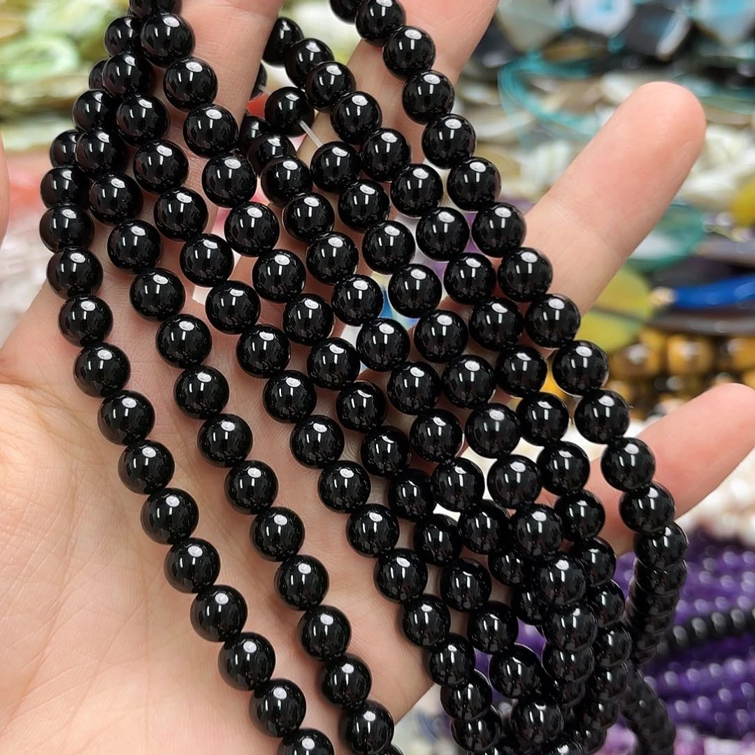 玛瑙/玉髓未镶嵌珠宝半成品卡8黑玛圆珠一条