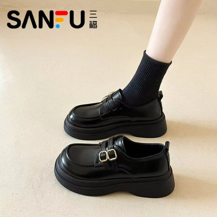 三福厚底英伦风小皮鞋女2025年新款乐福鞋一脚蹬单鞋玛丽珍极简风
