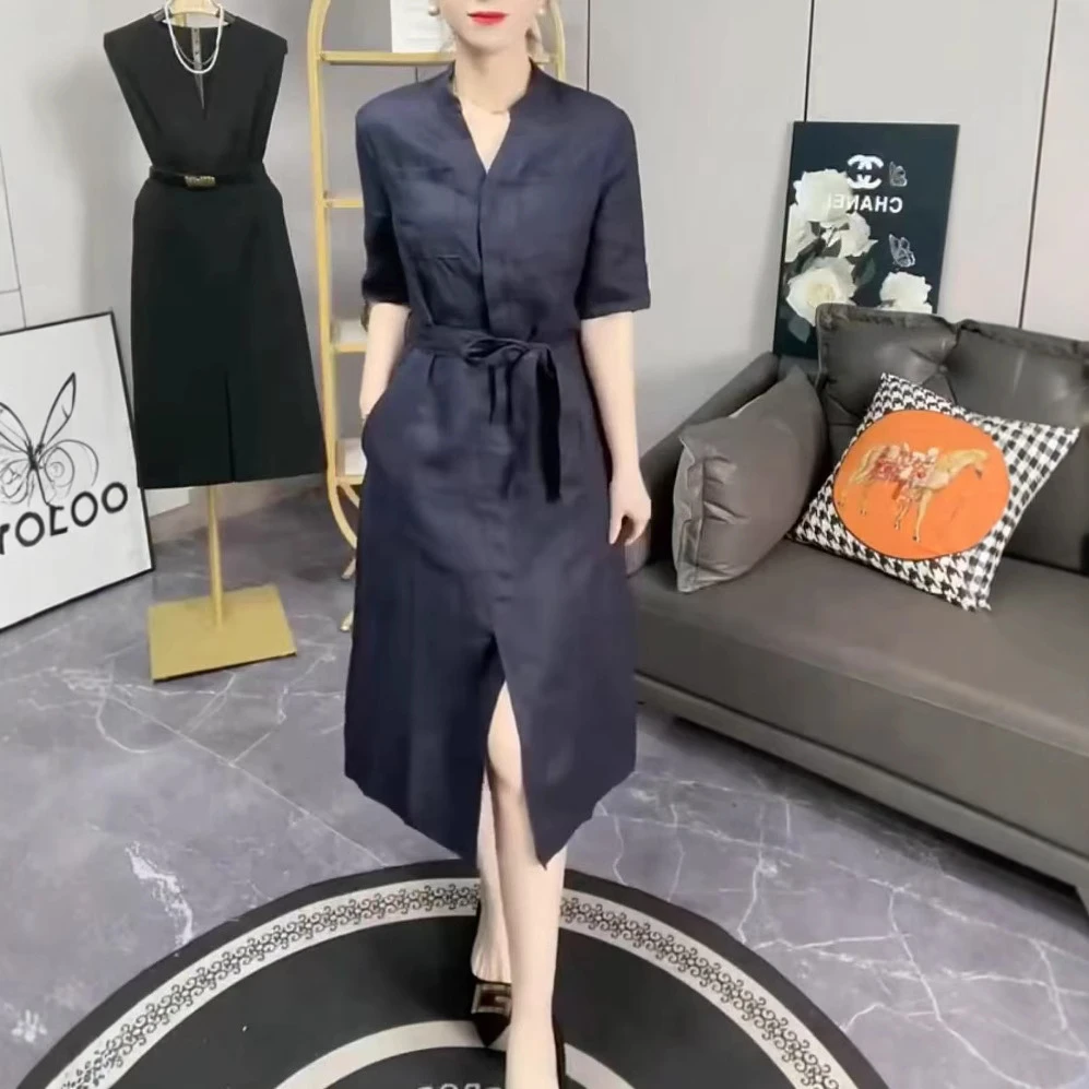 2025夏季新款时尚洋气V领系带显瘦纯色中长款连衣裙气质减龄裙子