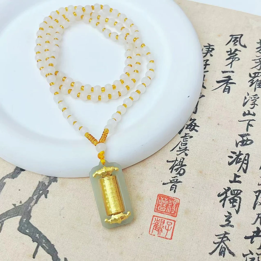 【传杰专属】足金24K黄金金镶玉和田玉转运筒吊坠配绳（标配证书）G68